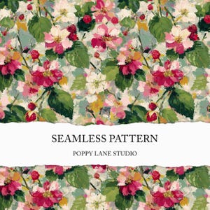 May include: Seamless pattern featuring a floral design with pink, white, and red flowers, green leaves, and small red berries. The text "SEAMLESS PATTERN" and "POPPY LANE STUDIO" are displayed on a white background.