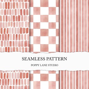 Puede incluir: Una colección de patrones sin costuras en tonos rosa y blanco. Los patrones incluyen rayas verticales, un diseño de tablero de ajedrez y un diseño de rectángulos verticales. También se ve el texto "SEAMLESS PATTERN" y "POPPY LANE STUDIO".