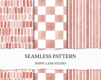 May include: A collection of seamless patterns in shades of pink and white. The patterns include vertical stripes, a checkerboard design, and a design of vertical rectangles. The text "SEAMLESS PATTERN" and "POPPY LANE STUDIO" are also visible.