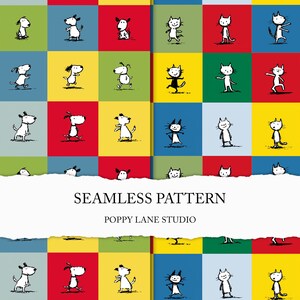 Puede incluir: Patrón sin costuras con perros y gatos de dibujos animados sobre una cuadrícula colorida. El diseño incluye el texto "SEAMLESS PATTERN" y "POPPY LANE STUDIO". El fondo es un mosaico de cuadrados rojos, verdes, azules y amarillos.