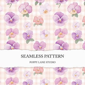 watercolour pansy seamless pattern, plaid pansy surface design, seamless pansy background, pastel pansy digital file, custom fabric print