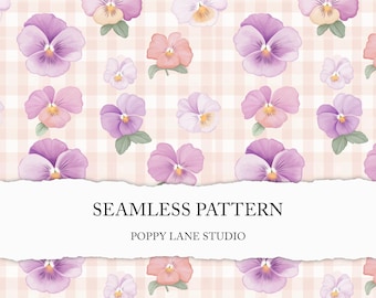 watercolour pansy seamless pattern, plaid pansy surface design, seamless pansy background, pastel pansy digital file, custom fabric print