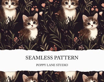 dark cottagecore pet seamless pattern, cute kitten digital pattern, cat digital paper, watercolour baby cat printable, seamless pet fabric