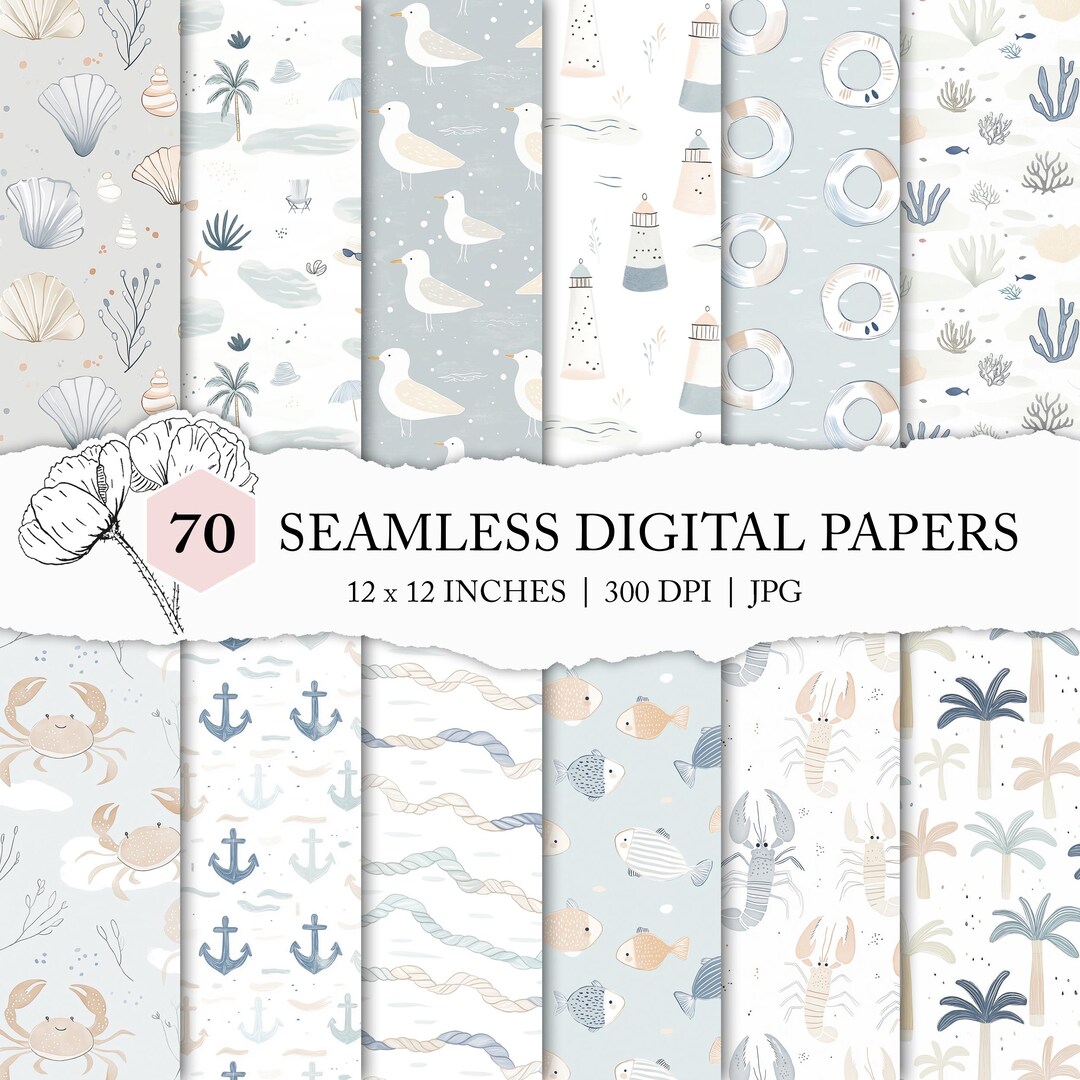 Pastel Blue Nautical Seamless Files, Cute Marine Background, Seamless ...