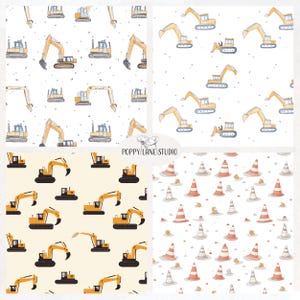 May include: Four seamless patterns featuring yellow construction vehicles and orange traffic cones on a white background.  The patterns are perfect for fabric, wallpaper, or wrapping paper.