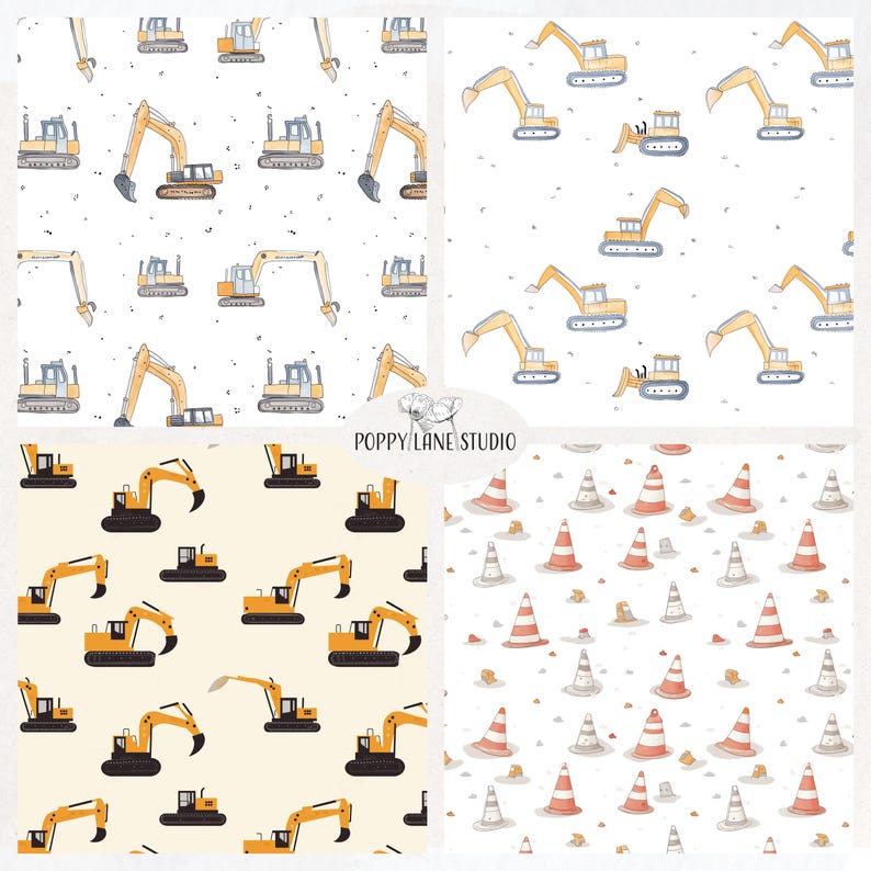 May include: Four seamless patterns featuring yellow construction vehicles and orange traffic cones on a white background.  The patterns are perfect for fabric, wallpaper, or wrapping paper.