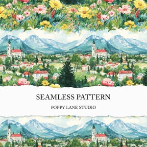 Puede incluir: Patrón sin costuras de acuarela con un borde floral con flores amarillas y rosas, y un paisaje de un pueblo con montañas al fondo. También se ve el texto "SEAMLESS PATTERN" y "POPPY LANE STUDIO".