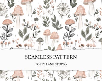 May include: A seamless pattern featuring pink and white mushrooms, green leaves, and white flowers on a white background. The text "Seamless Pattern" and "Poppy Lane Studio" is at the bottom of the image.