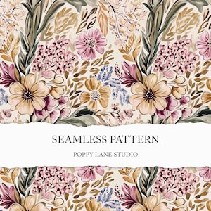 May include: A seamless floral pattern with flowers in pink, yellow, and purple, and green and brown leaves. The text "SEAMLESS PATTERN" and "POPPY LANE STUDIO" are on a white banner. The design has a vintage, hand-painted feel.