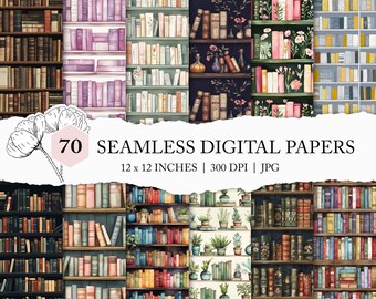 watercolour bookshelf pattern, bookshelf digital paper, seamless library wall, book seamless pattern, bookshelf background, commercial use