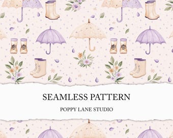 spring rain seamless pattern, umbrella background, pastel rainboots digital paper, cute spring design, seamless weather file, pastel colour