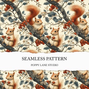 May include: A seamless pattern featuring red squirrels perched on branches with red berries. The background is a cream color with brown branches and green leaves. The text "SEAMLESS PATTERN" and "POPPY LANE STUDIO" is at the bottom of the image.