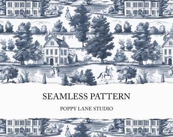 regency toile de jouy, Jane Austen seamless, English landscape background, seamless Jane Austen pattern, England toile, Victorian house JPEG