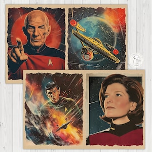 May include: Set of four vintage-style Star Trek art prints. Features Captain Picard pointing, the Starship Enterprise, Spock, and a female Starfleet officer. Each print has a distressed, aged appearance with a red, yellow, and blue color scheme.