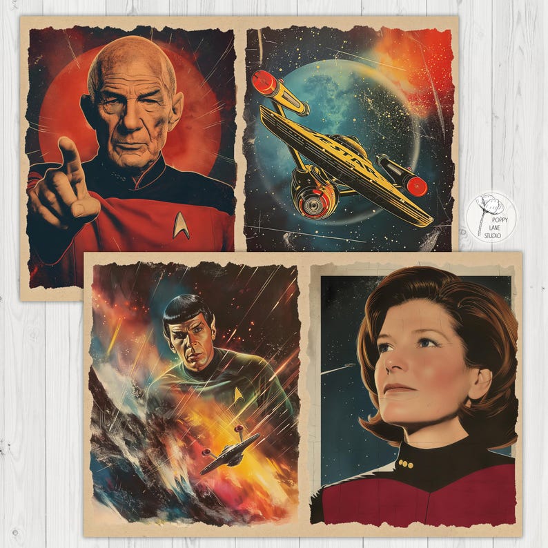 May include: Set of four vintage-style Star Trek art prints. Features Captain Picard pointing, the Starship Enterprise, Spock, and a female Starfleet officer. Each print has a distressed, aged appearance with a red, yellow, and blue color scheme.
