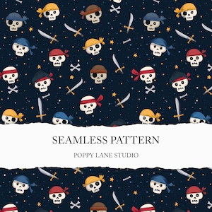 May include: Seamless pattern featuring cartoon pirate skulls with bandanas in various colors, crossed bones, swords, and stars on a dark blue background. The text "SEAMLESS PATTERN" and "POPPY LANE STUDIO" are also visible.
