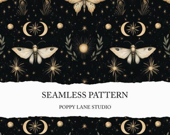 May include: Seamless pattern featuring a celestial design with moths, moons, suns, and stars in gold and cream colors on a black background. The text "SEAMLESS PATTERN" and "POPPY LANE STUDIO" are also visible.