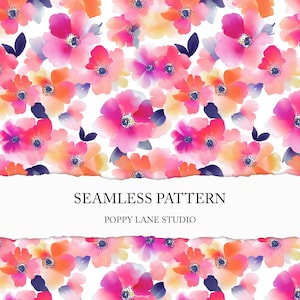 Peut inclure: Motif floral sans couture à l'aquarelle avec des fleurs roses, oranges et violettes et des feuilles bleu foncé sur fond blanc. Le texte "SEAMLESS PATTERN" et "POPPY LANE STUDIO" sont affichés.
