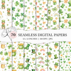 May include: A set of 70 seamless digital papers featuring St. Patrick's Day designs. The patterns include shamrocks, leprechauns, rainbows, pots of gold, and Irish flags. Each paper is 30.48 x 30.48 cm and 300 DPI.