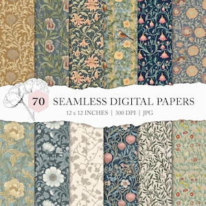 May include: A selection of 70 seamless digital papers, each 30.48 x 30.48 cm, showcasing diverse floral and botanical designs in blue, green, orange, and gold. The image includes text indicating the papers are 300 DPI in JPG format.