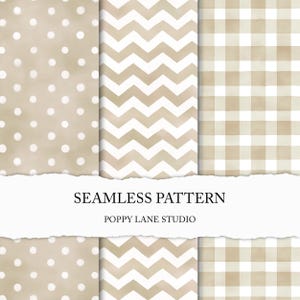 Op de afbeelding: Een verzameling naadloze patronen in beige en wit. De patronen omvatten stippen, chevrons en een ruitjespatroon. De tekst "SEAMLESS PATTERN" en "POPPY LANE STUDIO" wordt weergegeven op een witte gescheurde papieren banner.