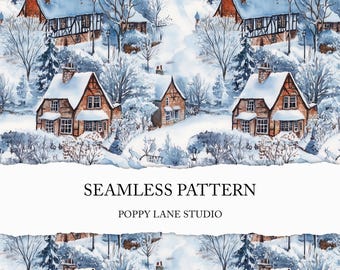English winter house seamless pattern, winter landscape digital background, seamless winter village pattern, England printable paper, JPEG