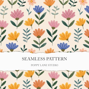 seamless boho floral pattern, painted floral seamless pattern, Scandinavian floral scrapbook paper, digital download, cute flower background