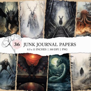 Puede incluir: Un conjunto de 36 papeles digitales con ilustraciones oscuras, misteriosas y fantásticas. Los papeles miden 21,6 x 27,9 cm y tienen una resolución de 300 DPI. Las ilustraciones incluyen una variedad de criaturas, como un dragón, un murciélago, un ciervo y un monstruo.