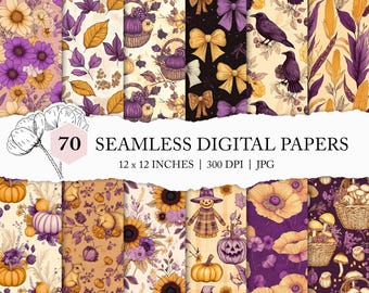 purple fall background, autumn seamless pattern, fall floral digital paper, preppy fall decoupage paper, fall seamless, purple autumn print