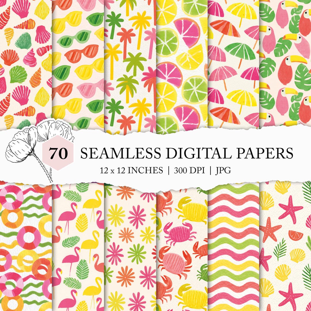 Bright Summer Seamless Pattern, Assorted Summer Vibe Digital Paper ...