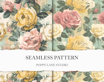 shabby chic seamless pattern, vintage rose background, aged rose digital paper, cottagecore rose seamless file, distressed floral fabric JPG