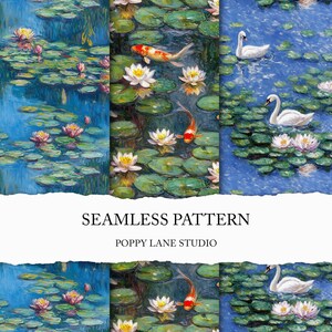 seamless Claude Monet water lily pattern, water lily digital paper, water lily pond, seamless lotus background JPEG, lily seamless design