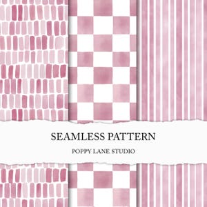 May include: A collection of seamless patterns in shades of pink and white. The designs include vertical stripes, a checkerboard, and a pattern of vertical rectangles. The text "SEAMLESS PATTERN" and "POPPY LANE STUDIO" are visible.