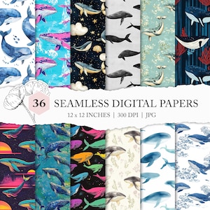 whale seamless pattern, blue whale design, whale digital paper, blue whale digital paper, under the sea printable, blue whale scrapbook file
