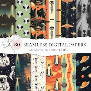 retro scifi seamless alien pattern, alien background, I want to believe, space scrapbook paper, retro science fiction, E.T. conspiracy, UFO