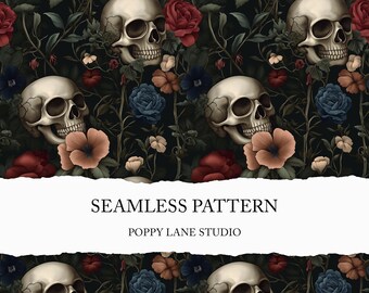 floral skull digital paper, skulls and flower background, Victorian goth pattern, gothic skull seamless pattern, floral skull printable file