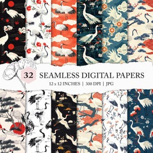 Patroon Chinese kraanvogel, digitaal reigerpapier, naadloze Japanse kraanvogelachtergrond, naadloos oppervlaktepatroon Chinese kraanvogel, Aziatisch stofontwerp