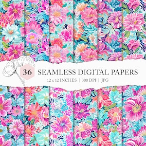 vibrant pink and blue flower background, seamless floral pattern, preppy flower digital paper, floral digital background, bright neon colour