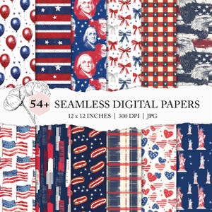 geassorteerd naadloos patroon VS, Independence Day digitaal papier, gemengde Amerikaanse achtergronden, rood, wit en blauw afdrukbaar bestand, 4 juli naadloos