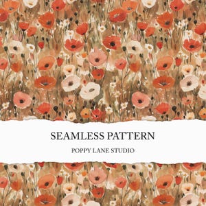 Può includere: Motivo senza cuciture ad acquerello con papaveri rossi, arancioni e bianchi e piccoli fiori bianchi su sfondo marrone. Il testo "SEAMLESS PATTERN" e "POPPY LANE STUDIO" sono visualizzati in bianco.