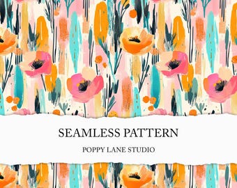 colourful flower seamless pattern, pink seamless floral background, preppy summer, orange spring flower paper, abstract floral scrapbook JPG