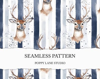 deer seamless background, watercolour deer pattern, buck stag, woodland animals digital paper, seamless deer printable paper, antler paper