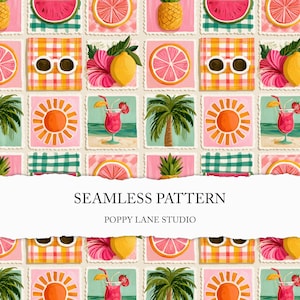 May include: A seamless pattern featuring a grid of square illustrations including watermelon slices, citrus fruits, pineapples, white sunglasses on plaid backgrounds, pink hibiscus flowers with lemons, suns, palm trees, and cocktails on a beach.