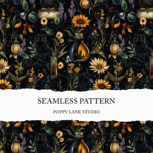 May include: A seamless pattern on a dark background, featuring black cats, sunflowers, potion bottles, lanterns, and skulls. The text "SEAMLESS PATTERN" and "POPPY LANE STUDIO" are displayed in white.