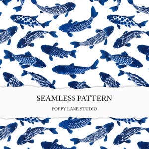 May include: Seamless pattern featuring blue fish illustrations on a white background. The fish vary in design, with some having dotted patterns. The text "SEAMLESS PATTERN" and "POPPY LANE STUDIO" are displayed in the image.
