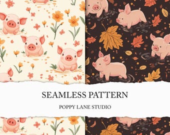 dirty pig seamless pattern, playing piglet digital paper, muddy pig background, farm animals seamless file, cute pig printable fabric, JPEG