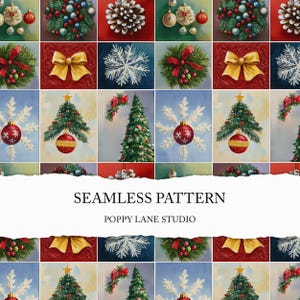 May include: A seamless pattern with festive Christmas imagery. The design incorporates ornaments, wreaths, bows, snowflakes, and Christmas trees. The text "SEAMLESS PATTERN" and "POPPY LANE STUDIO" are also visible.