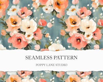 May include: A seamless pattern featuring a floral design with pink, white and peach flowers on a blue background. The text "Seamless Pattern" and "Poppy Lane Studio" is visible at the bottom of the image.