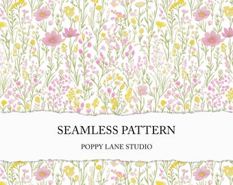 spring meadow seamless paper, preppy spring floral background, colourful flower seamless pattern, pink floral digital paper, summer flowers