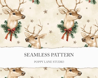 festive deer seamless pattern, seamless Christmas deer background, winter animal background, Christmas seamless file, hunting digital paper
